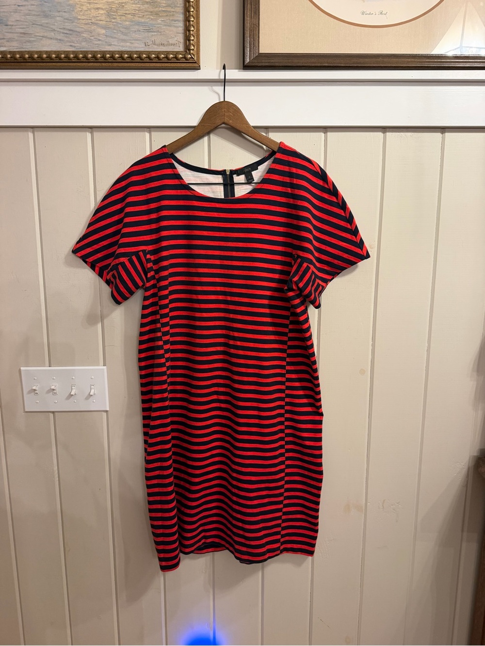 J. Crew Red and Navy Striped Short-Sleeve Shift Dress, Size XL